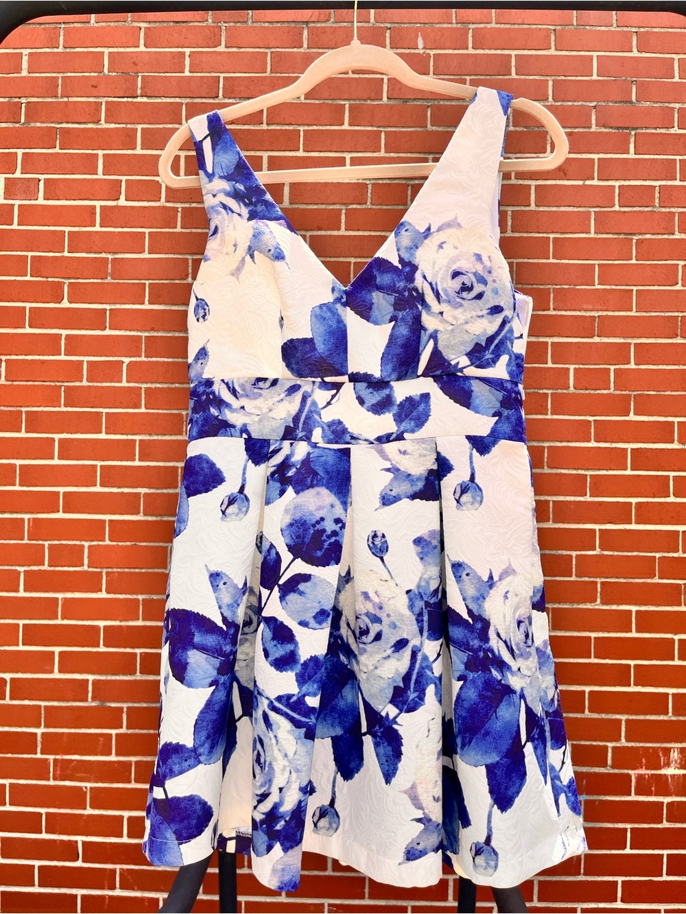 Blue & White Floral V-Neck Fit and Flare Dress